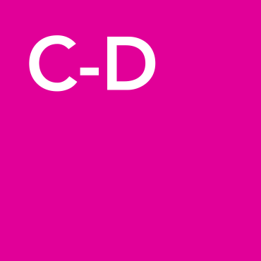 A pink square with C-D in white font in the upper left-hand corner.
